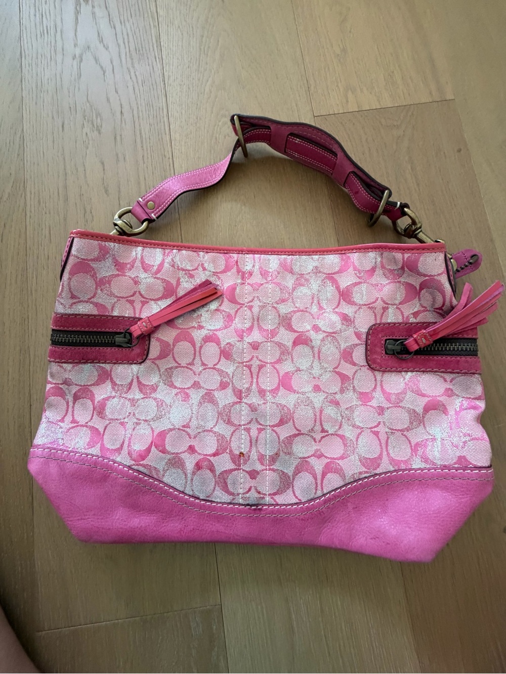 Coach Pink Signature Canvas Shoulder Hobo with Leather Trim